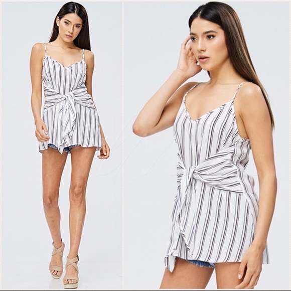 New White Summer Striped Tie Front Top - Picture 3 of 4